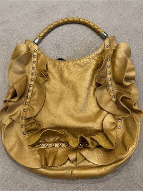 Susan Farber Gold Leather Ruffle Shoulder Bag